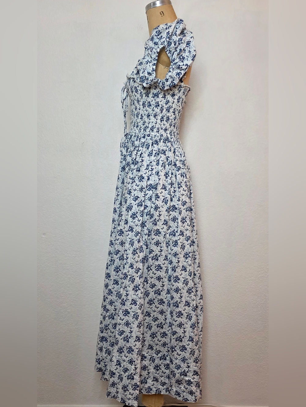 Doen Blue Floral Stanza Puff Sleeve Cotton Midi Dress - Picture 11 of 14